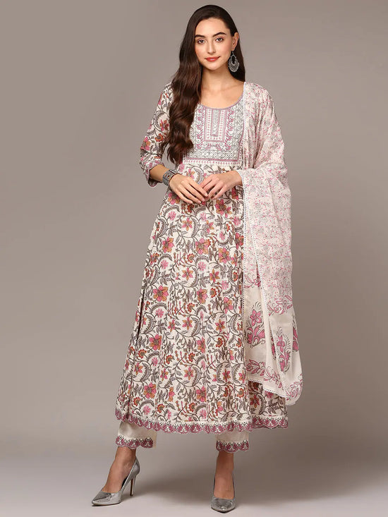 Ahika Women Pink Pure Cotton Floral Printed Flared Suit Set VKSKD1963