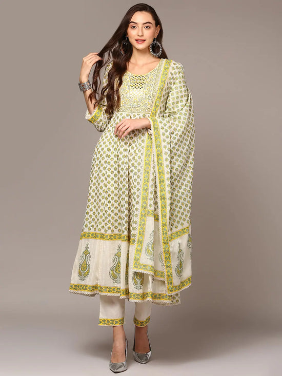 Ahika Women Off White Pure Cotton Ethnic Motif Printed Flared Suit Set VKSKD1957