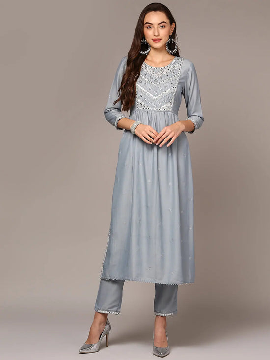 Ahika Women Blue Silk Blend Yoke Design Kurta Set VKSET1439