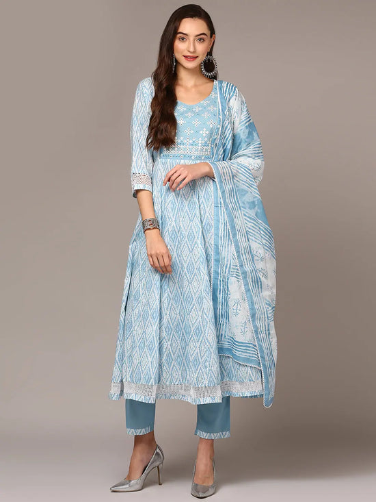 Ahika Women Blue Cotton Blend Ethnic Motif Printed Flared Suit Set VKSKD1961