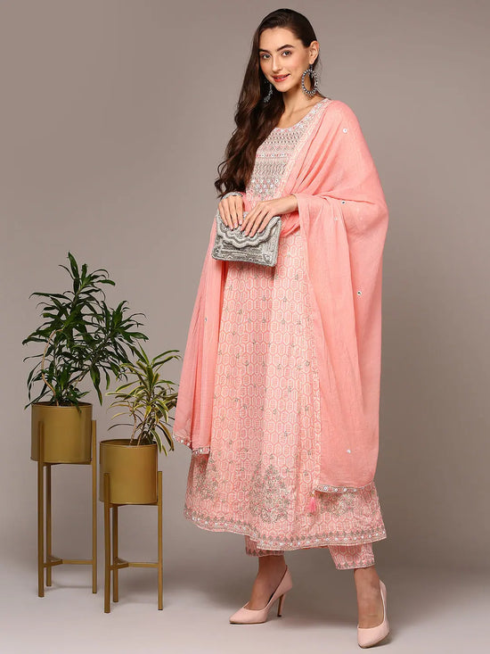 Ahika Women Peach Pure Cotton Embroidered Flared Suit Set