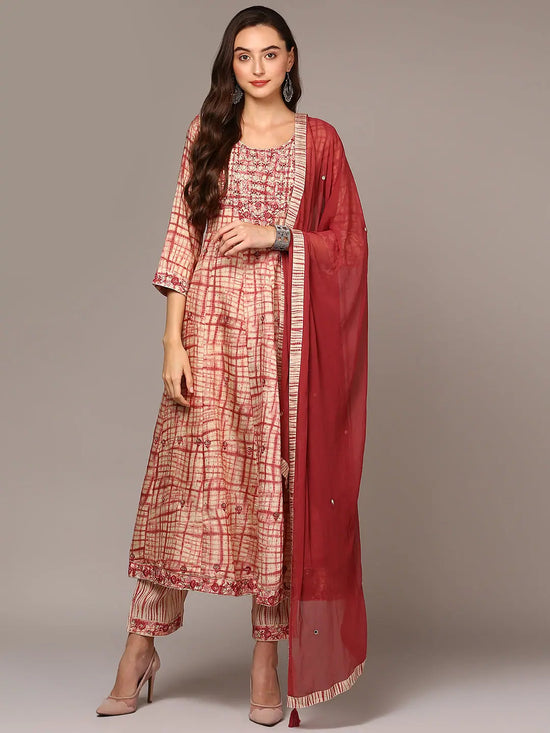 Ahika Women Beige Silk Blend Ethnic Printed Flared Suit Set VKSKD1959