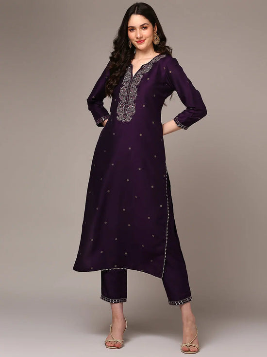 Ahika Women Purple Silk Blend Embroidered Straight Kurta Trouser VKSET1441