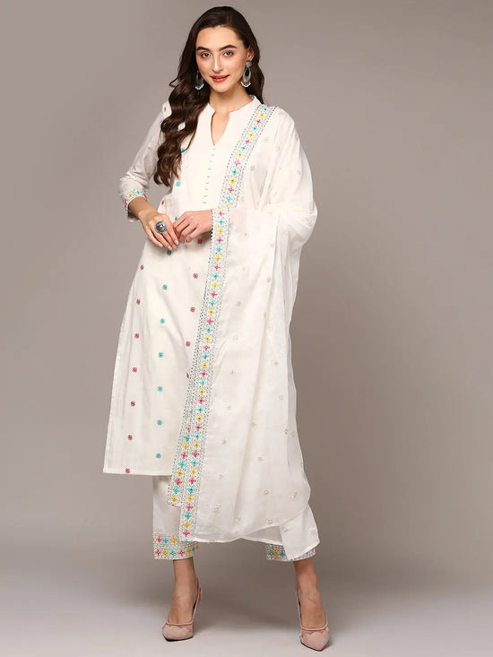 Ahika Women White Cotton Blend Embroidered Straight Suit Set VKSKD1964