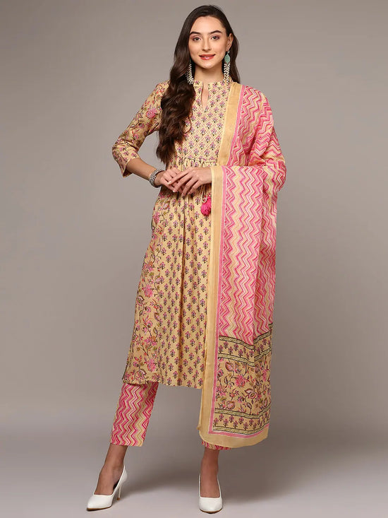 Ahika Women Cream Pure Cotton Printed Flared Suit Set VKSKD1966