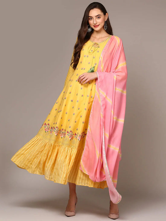 Ahika Women Cotton Yellow Embroidered Flared Kurta With Dupatta VKSET1433