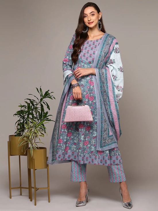 Ahika Women Grey Pure Cotton Printed Flared Suit Set VKSKD1970