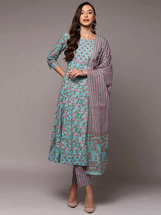 Ahika Women Blue Pure Cotton Printed Flared Suit Set VKSKD1968