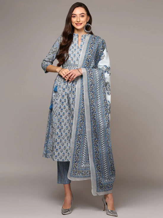 Ahika Women Grey Pure Cotton Printed Flared Suit Set VKSKD1967