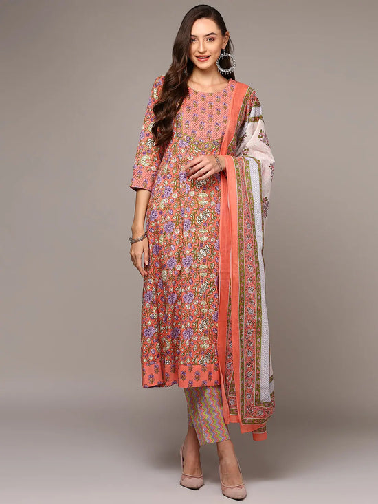 Ahika Women Peach Pure Cotton Printed Flared Suit Set VKSKD1974