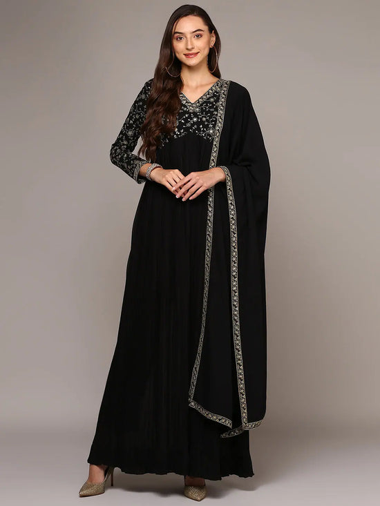 Ahika Women Black Georgette Embroidered Flared Kurta With Dupatta VKSET1381