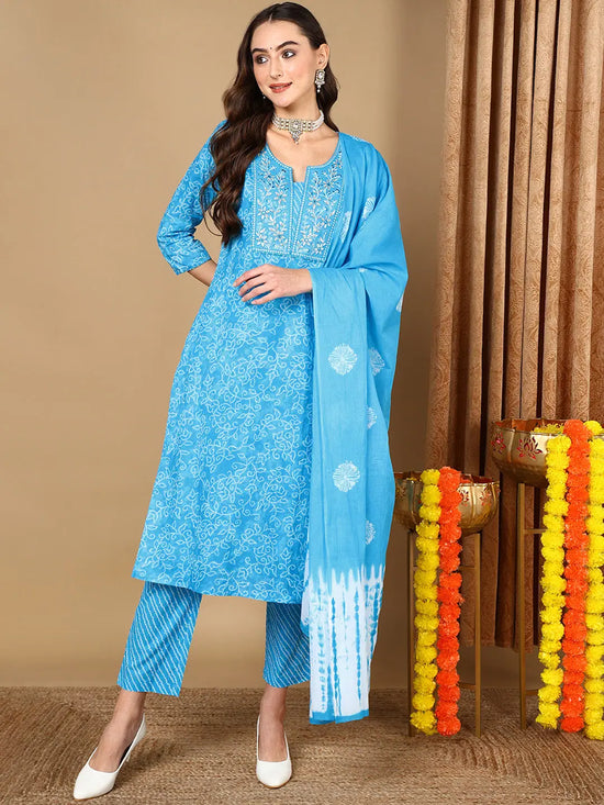 Ahika Women Blue Pure Cotton Bandhani Printed Embroidered Kurta Trouser With Dupatta