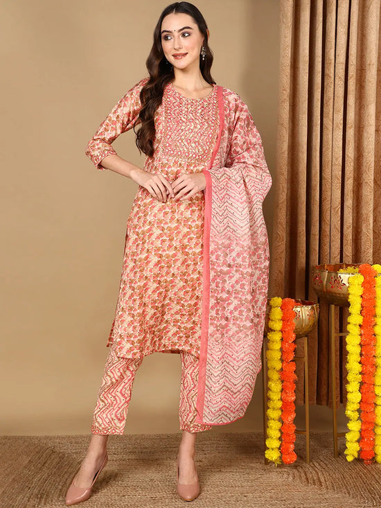 Ahika Women Pink Pure Cotton Geometric Printed Kurta Trouser With Dupatta