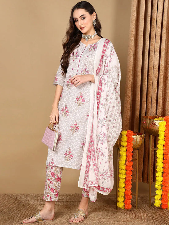 Ahika Women Off White Pure Cotton Ethnic Motifs Printed Kurta Trouser With Dupatta-VKSKD2069_S