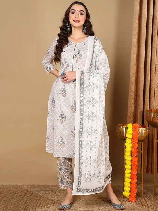 Ahika Women Off White Pure Cotton Ethnic Motifs Printed Kurta Trouser With Dupatta-VKSKD2071_S