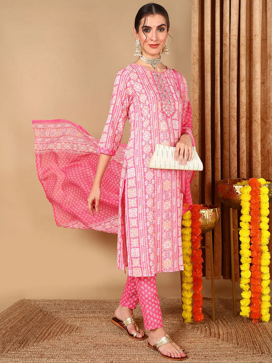 Ahika Women Pink Pure Cotton Ethnic Motifs Printed Embroidered Kurta Trouser With Dupatta