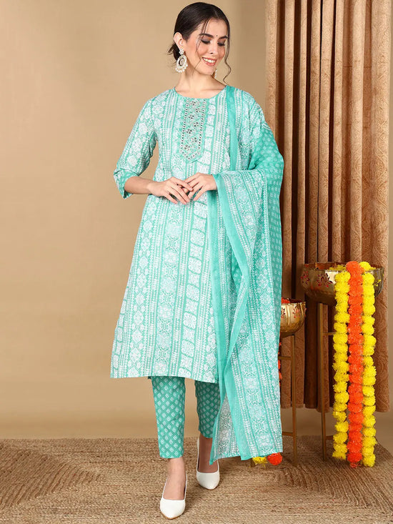 Ahika Women Turquoise Blue Pure Cotton Ethnic Motifs Printed Embroidered Kurta Trouser With Dupatta