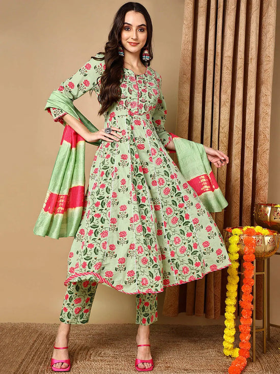 Ahika Women Green Pure Cotton Floral Printed Yoke Design Kurta Trouser With Dupatta