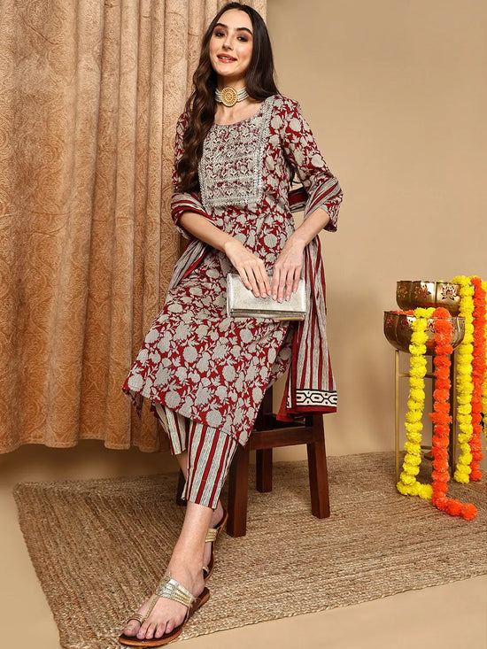 Ahika Women Maroon Cotton Embroidered Floral Printed Suit Set