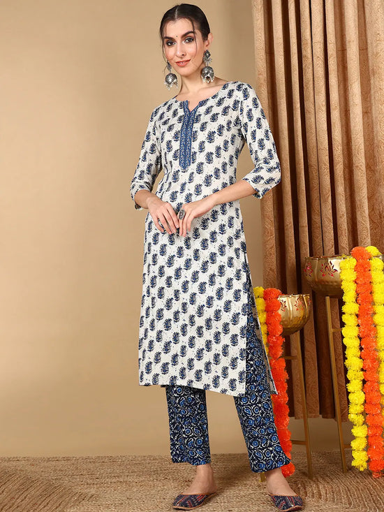 Ahika Women White Cotton Blend Ethnic Motifs Printed Straight Kurta With Trousers