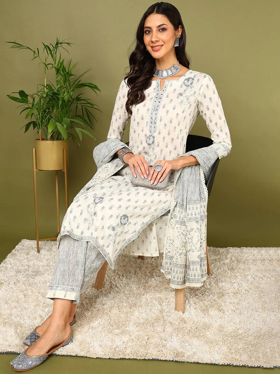 Ahika Women Off White Pure Cotton Striped Printed Kurta Trouser with Dupatta