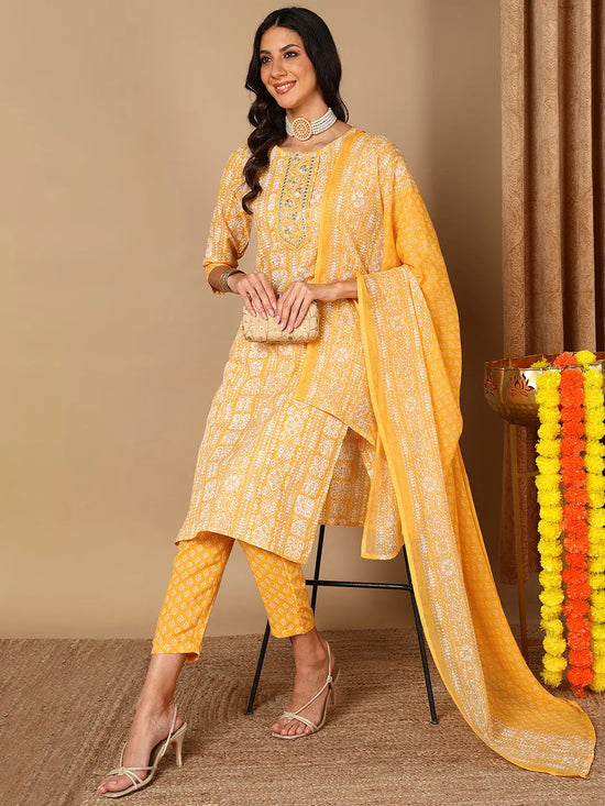 Ahika Women Yellow Pure Cotton Ethnic Motifs Printed Embroidered Kurta Trouser With Dupatta