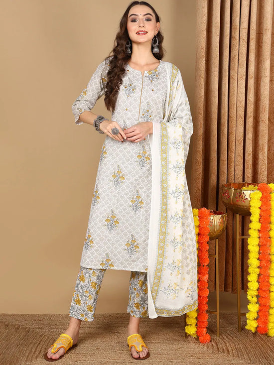 Ahika Women Off White Cotton Ethnic Printed Straight Kurta Trouser With Dupatta