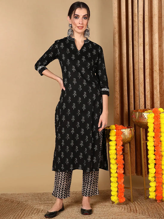 Ahika Women Black Cotton Blend Ethnic Motifs Printed Straight Kurta With Trousers