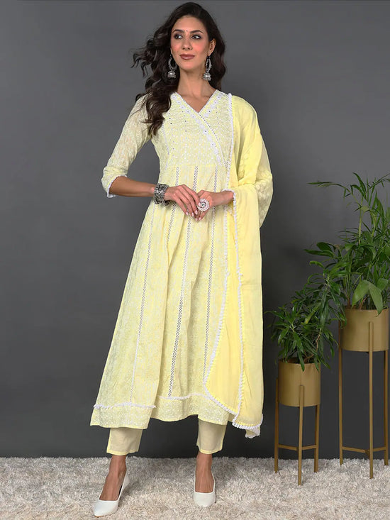 Ahika Women Yellow Pure Cotton Floral Printed Kurta Trouser With Dupatta-VKSKD2027_S