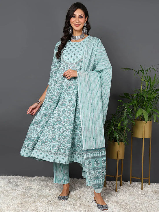 Ahika Women Sea Green Pure Cotton Floral Printed Kurta Trouser With Dupatta-VKSKD2018_S