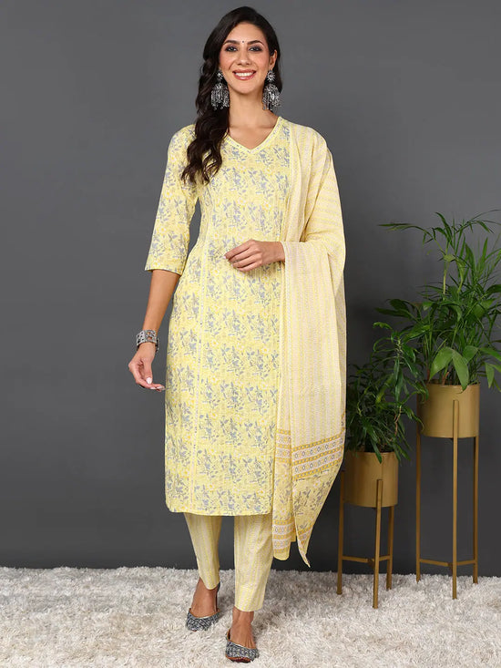 Ahika Women Yellow Pure Cotton Floral Printed Kurta Trouser With Dupatta-VKSKD2008_M