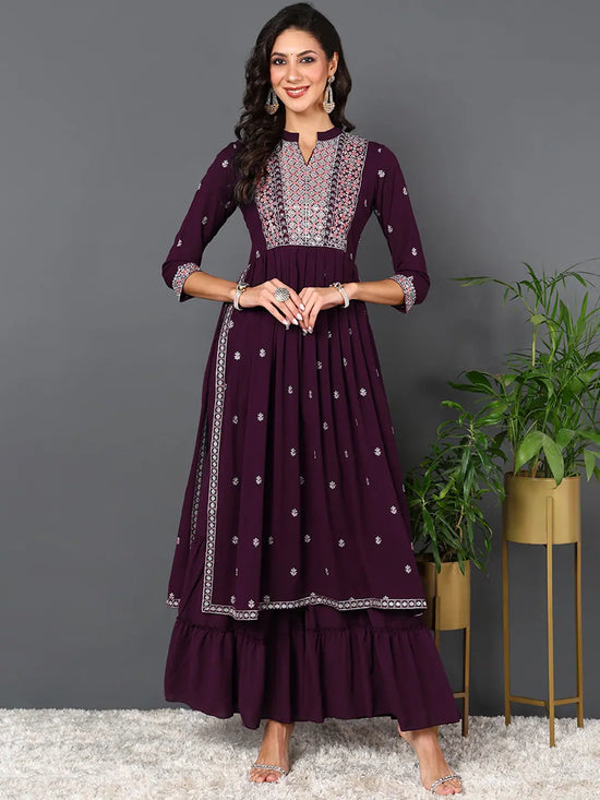 Ahika Women Purple Georgette Solid Embroidered Kurta with Palazzo