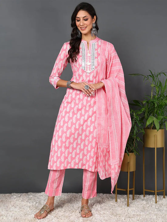 Ahika Women Pink Pure Cotton Paisley Printed Kurta Trouser With Dupatta