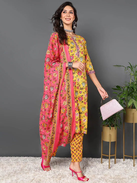 Ahika Women Yellow Cotton Blend Floral Printed Kurta Trouser With Dupatta