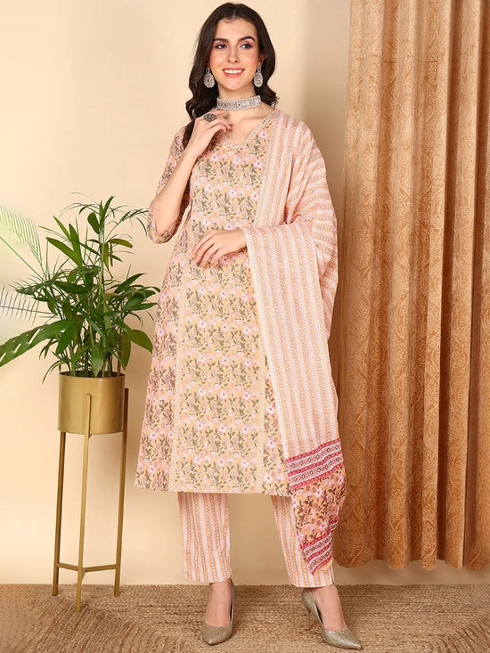 Ahika Women Peach Pure Cotton Floral Printed Kurta Trouser With Dupatta