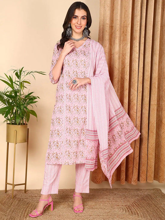 Ahika Women Pink Pure Cotton Floral Printed Kurta Trouser With Dupatta