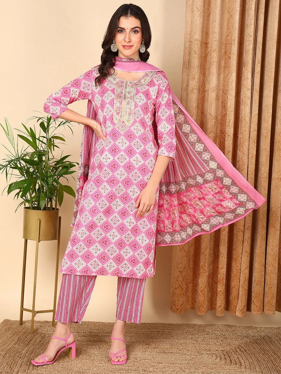 Ahika Women Pink Pure Cotton Geometric Printed Yoke Design Kurta Trouser With Dupatta