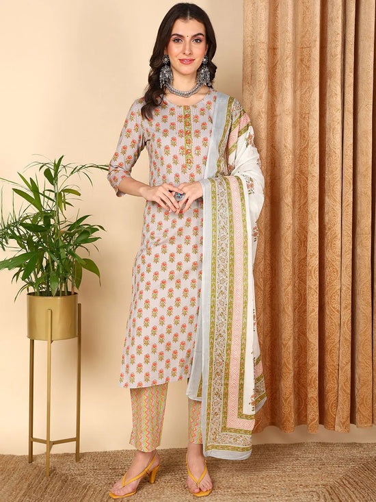 Ahika Women Grey Pure Cotton Ethnic Motifs Printed Kurta Trouser With Dupatta-VKSKD2006_S