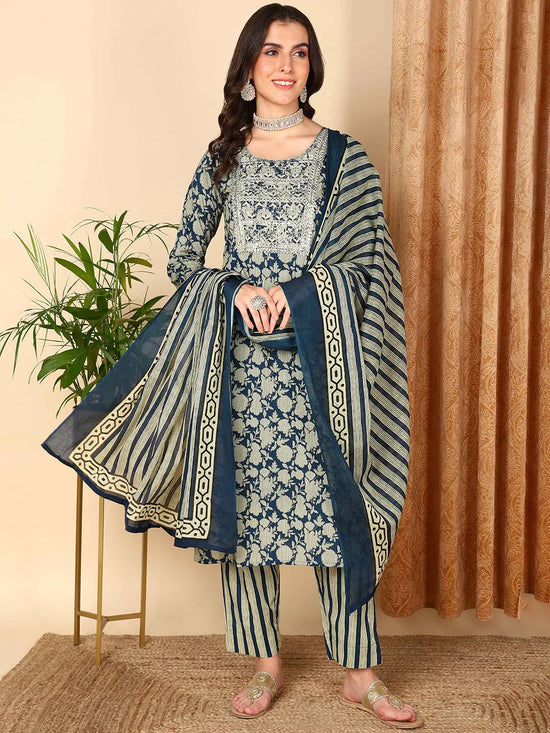 Ahika Women Navy Blue Pure Cotton Floral Printed Embroidered Kurta Trouser With Dupatta