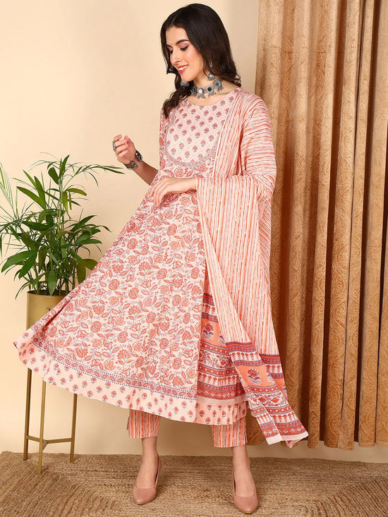 Ahika Women Peach Pure Cotton Floral Printd Yoke Design Kurta Trouser With Dupatta