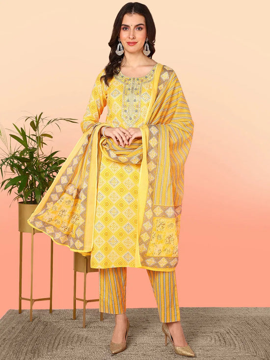 Ahika Women Yellow Pure Cotton Geometric Printed Yoke Design Kurta Trouser With Dupatta