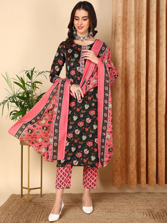 Ahika Women Black Cotton Blend Floral Printed Kurta Trouser With Dupatta