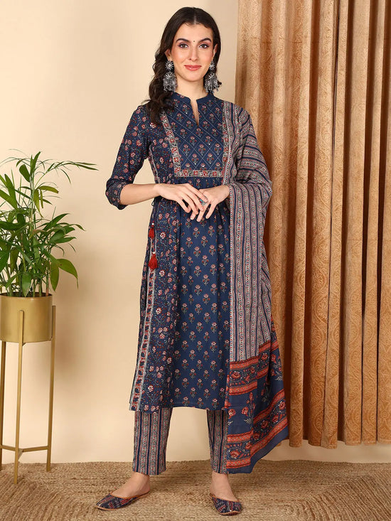 Ahika Women Blue Pure Cotton Floral Printed Yoke Design Kurta Trouser With Dupatta-VKSKD2022_M