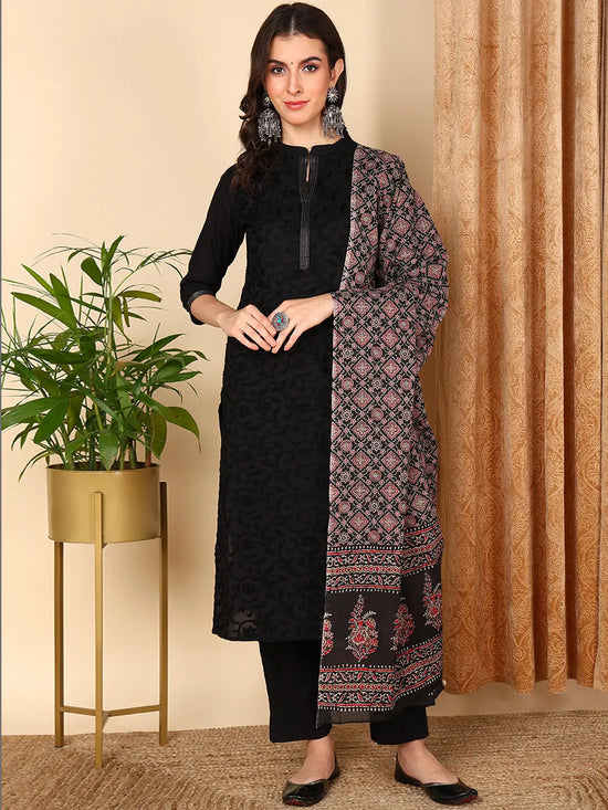 Ahika Women Black Pure Cotton Solid Embroidered Kurta Trouser With Dupatta