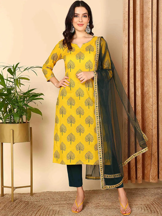 Ahika Women Yellow Pure Cotton Ethnic Motifs Printed Straight Kurta Trouser With Dupatta