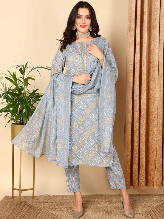 Ahika Women Grey Poly Cotton Bandhani Printed Straight Kurta Trouser With Dupatta