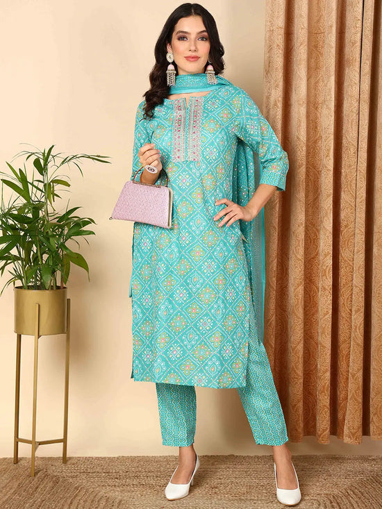 Ahika Women Turquoise Blue Poly Cotton Bandhani Printed Straight Kurta Trouser With Dupatta