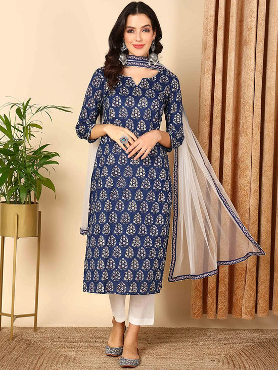 Ahika Women Blue Pure Cotton Floral Printed Straight Kurta Trouser With Dupatta-VKSKD2002_S