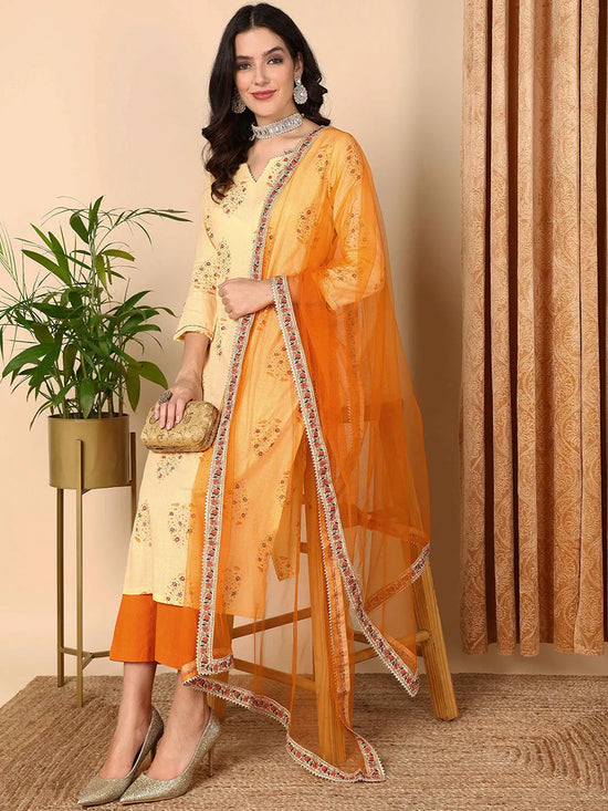 Ahika Women Yellow Pure Cotton Floral Printed Straight Kurta Trouser With Dupatta