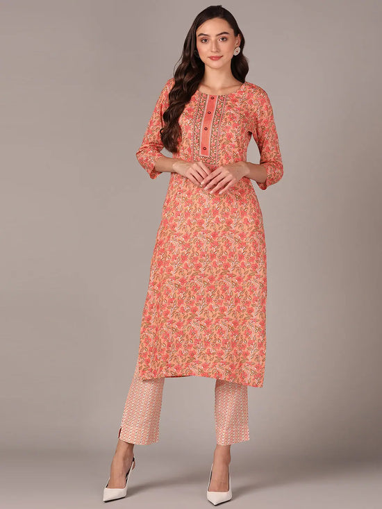 Ahika Women Peach Cotton Blend Floral Printed Straight Kurta With Trouser